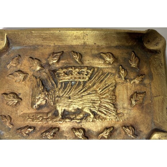 Vintage Brass Ashtray French Heraldic Porcupine Louis XII Royal Emblem Dish - Picture 2 of 5